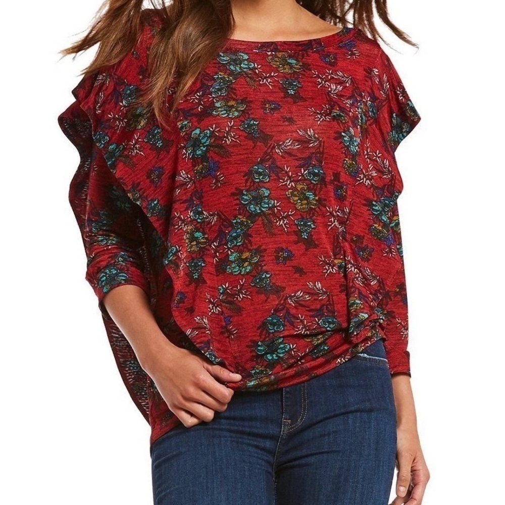 Free People Dock Street Floral Ruffle Top Red Women’s XS NWT - Picture 1 of 6